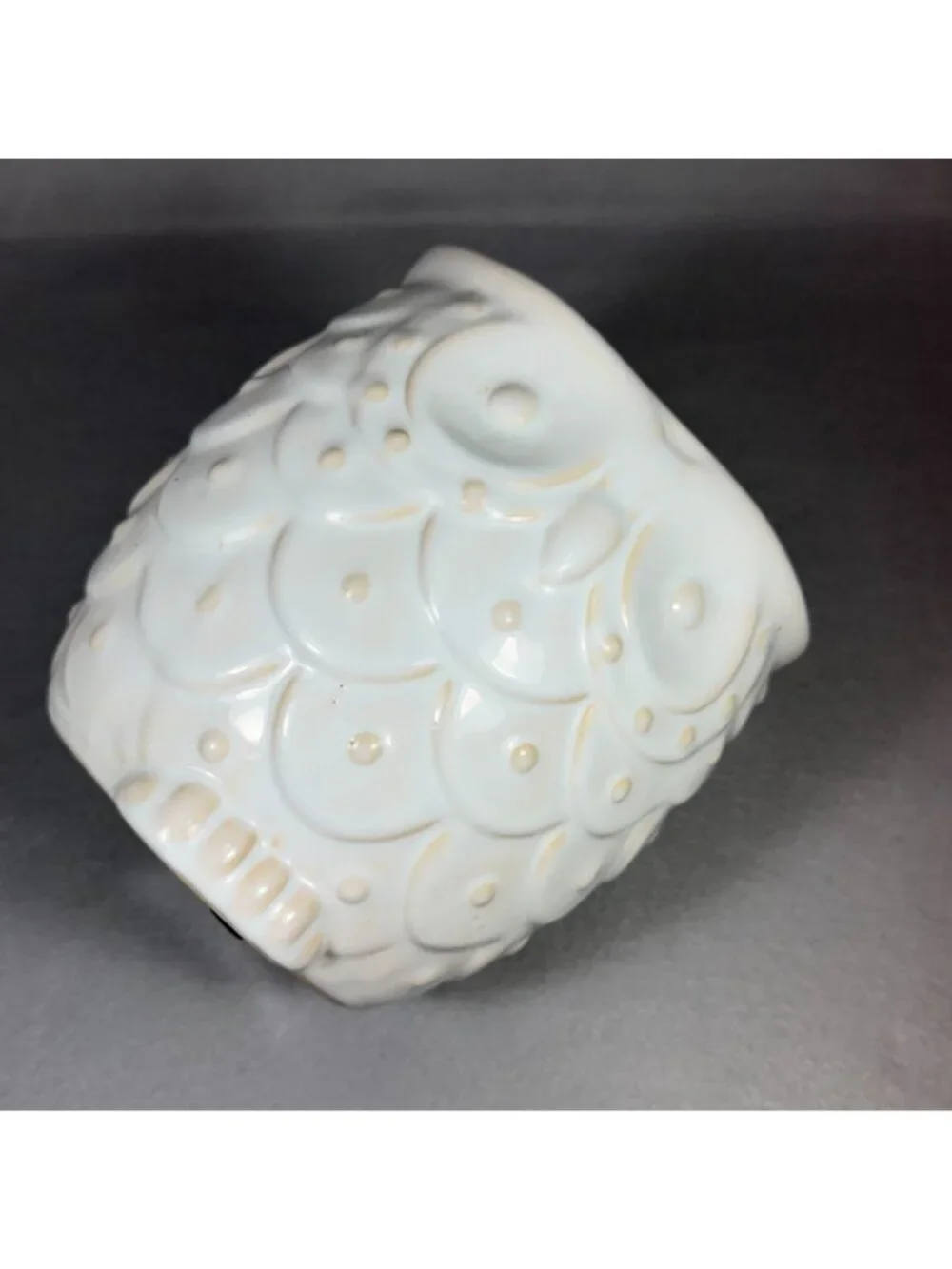 White Ceramic Owl Utensil Holder Crock Embossed Boho Farmhouse Kitchen Decor